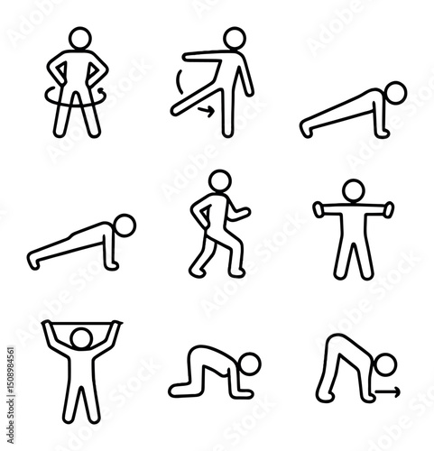 Warm-Up Exercise Icons. Outline icon set of warm-up exercises: hip circles, leg swings, glute bridges, plank, dynamic lunges,