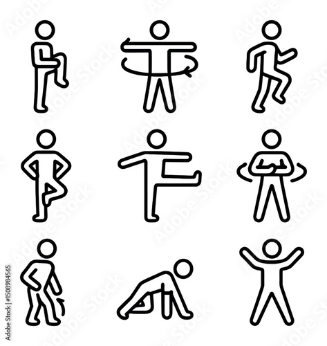 Warm-Up Icons Grid. Outline icon set of warm-up routines: knee hug, arm circle, high knee, hip openers, leg swing, torso twist,