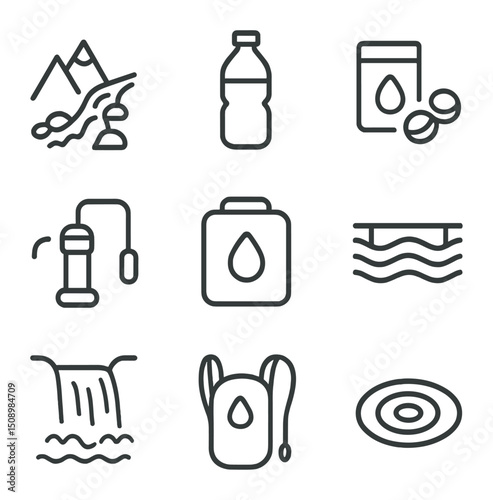 Water Source Icons. Outline icon set of water sources and hydration: mountain stream, water bottle, purification tablets, filter