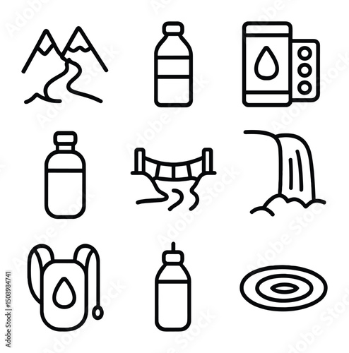 Water Source Icons. Outline icon set of water sources and hydration: mountain stream, water bottle, purification tablets, filter