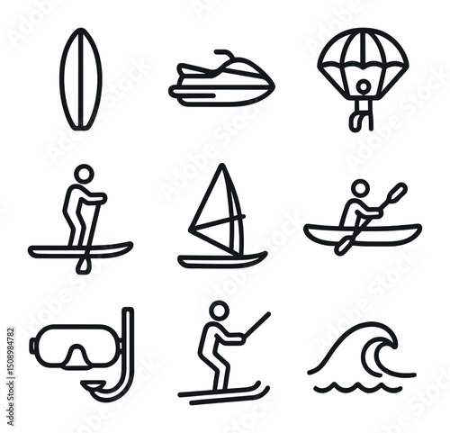 Water Sports Icons. Outline icon set of water sports activities: surfboard, jet ski, parasail, paddle board, windsurf sail, kayak,
