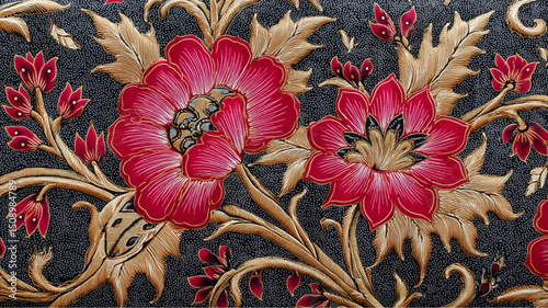 Close up of red and gold floral pattern with dark background and detailed leaf and flower designs