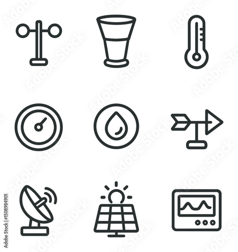 Weather Instrument Icons. Outline icon set of weather station instruments: anemometer, rain gauge, thermometer, barometer,
