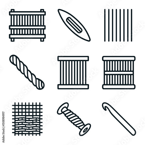 Weaving Techniques Icons. Outline icon set of weaving techniques: loom, shuttle, warp threads, weft yarn, heddle, reed, tapestry,