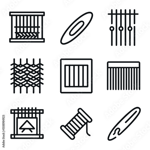 Weaving Techniques Icons. Outline icon set of weaving techniques: loom, shuttle, warp threads, weft yarn, heddle, reed, tapestry,
