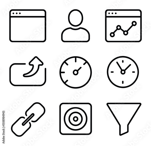 Website Growth Icons. Outline icon set of website traffic growth: browser window, visitor icon, analytics graph, realtime counter,
