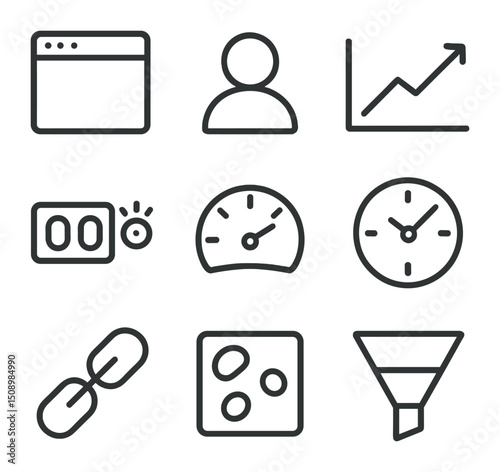 Website Growth Icons. Outline icon set of website traffic growth: browser window, visitor icon, analytics graph, realtime counter,