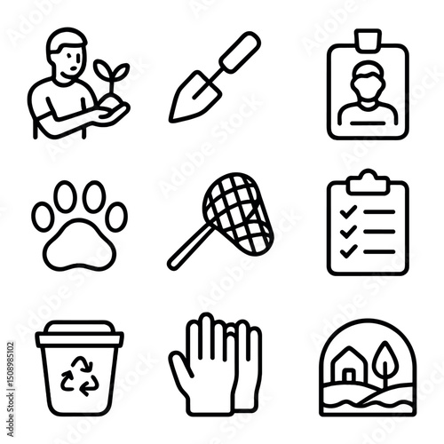 Wildlife Conservation Icons. Outline icon set of man wildlife conservation: sapling tree, trowel, volunteer badge, animal paw