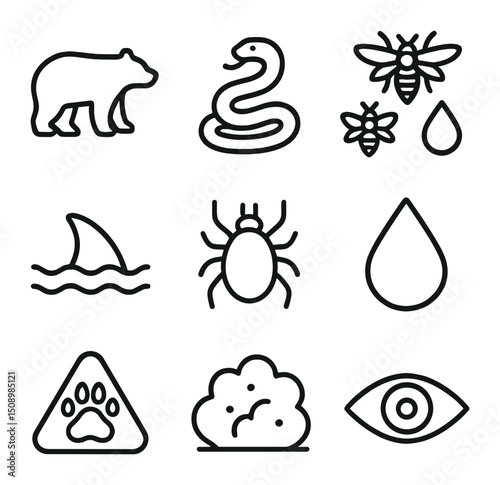 Wildlife Danger Icons. Outline icon set of wildlife danger indicators: bear silhouette, snake coil, hornet swarm, shark fin, tick