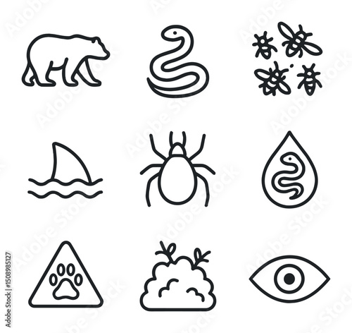 Wildlife Danger Icons. Outline icon set of wildlife danger indicators: bear silhouette, snake coil, hornet swarm, shark fin, tick