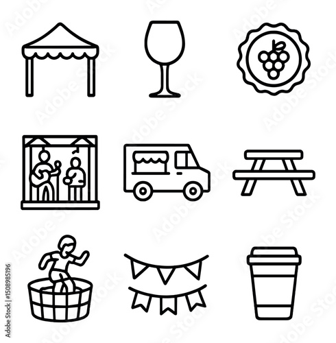 Wine Festival Icons. Outline icon set of wine festival scenes: outdoor tent, wine glass, festival badge, live band stage, food
