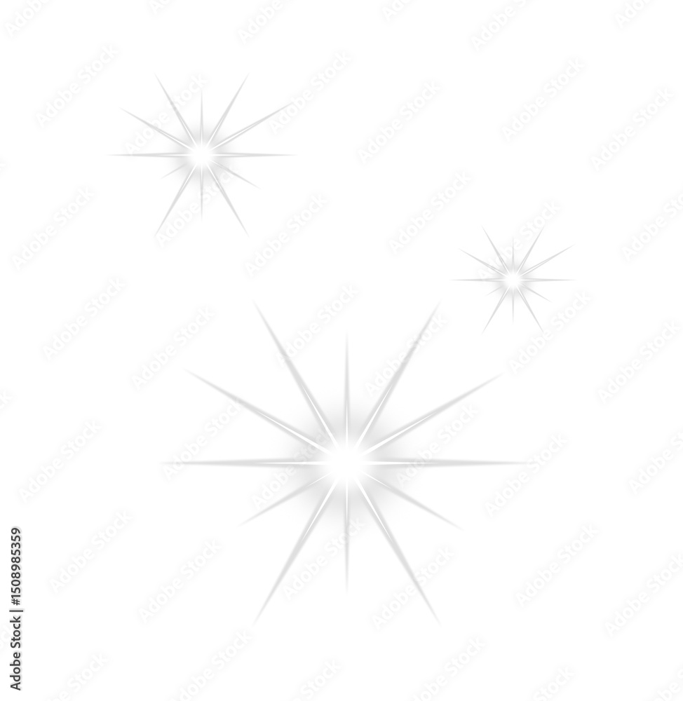 Fototapeta premium White sparkle light effect on transparent background. Glowing silver white light with shining star, light sparks, and rays. Sparkling bling effect. Flare light, lens flare, PNG