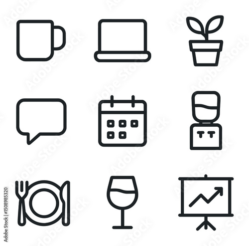 Work Friendship Icons. Outline icon set of work friendships: coffee mug, laptop, desk plant, chat bubble, calendar invite, water