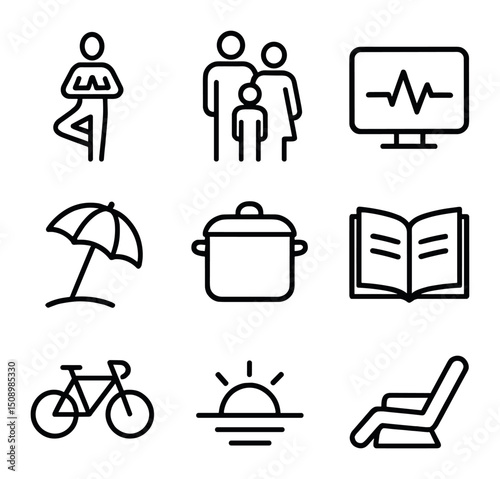 Work-Life Balance Icons. Outline icon set of work-life balance activities: yoga pose, family silhouette, heartbeat monitor, beach