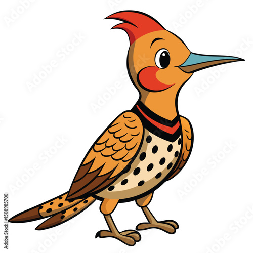 Cartoon northern flicker bird stands gracefully, showcasing vibrant feathers and polka dots on white
