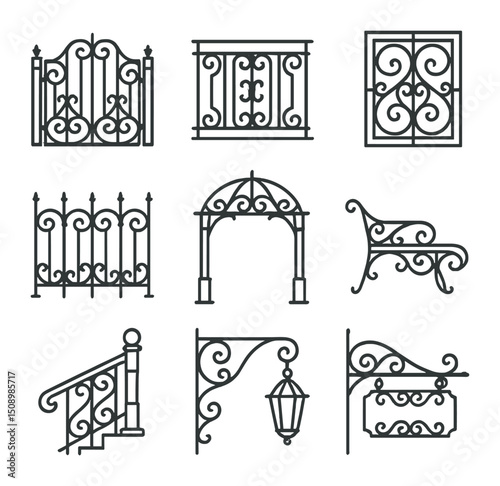Wrought Iron Icon Set. Outline icon set of wrought iron architectural elements: ornamental gate, balcony railing, window grille,