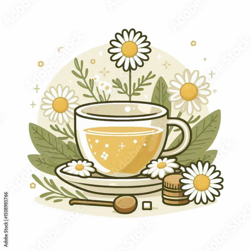 Cup of tea with chamomile flowers and honey on saucer with spoon
