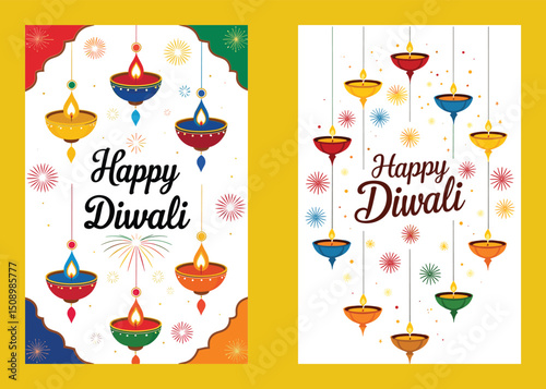 Happy Diwali Festival Illustration With Decorative Diya Lamps And Colorful Fireworks
