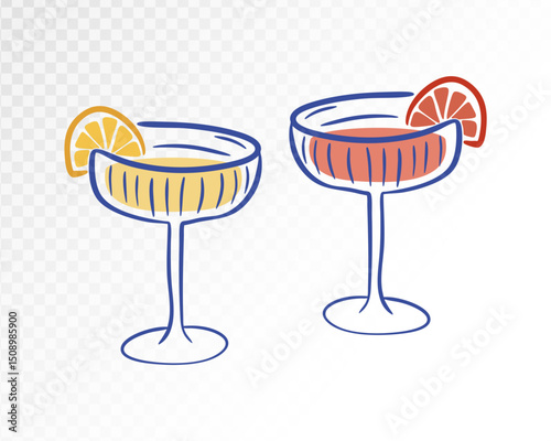 Elegant Drink with Sophisticated Glassware and Citrus, Great for Party and Dining Theme, Hand-Drawn Vector Illustration.