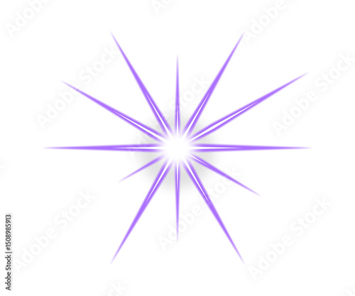 Purple sparkle light effect on transparent background. Glowing purple light with shining star, light sparks, and rays. Sparkling bling effect. Flare light, lens flare, PNG