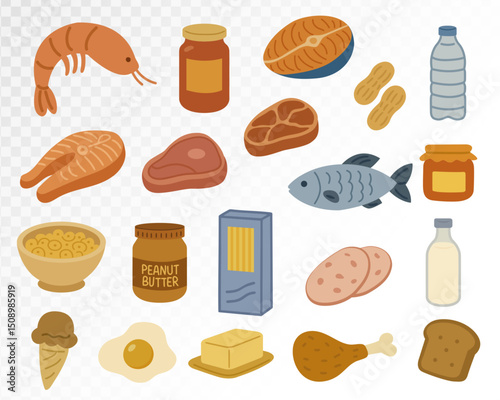 Watercolor painted food set of groceries and kitchen ingredients including bread, fish, jars, and bottles in a soft, hand-drawn style. Vector illustration