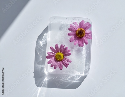 Frozen Beauty: Capturing a delicate moment, pink flowers are frozen in ice, a striking interplay of nature's elegance and the stark beauty of the environment.