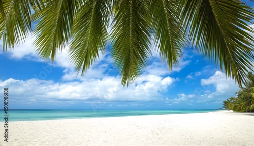 view through palm leaves on sandy shore of tropical island. light breeze rustling leaves, clouds floating across sky, light waves on sea, sunny cloudy summer day