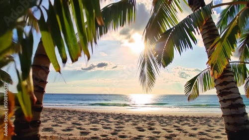 view through palm leaves on the sandy shore of a tropical island. light breeze rustling the leaves, clouds floating across the sky, light waves on the sea, sunny cloudy summer day