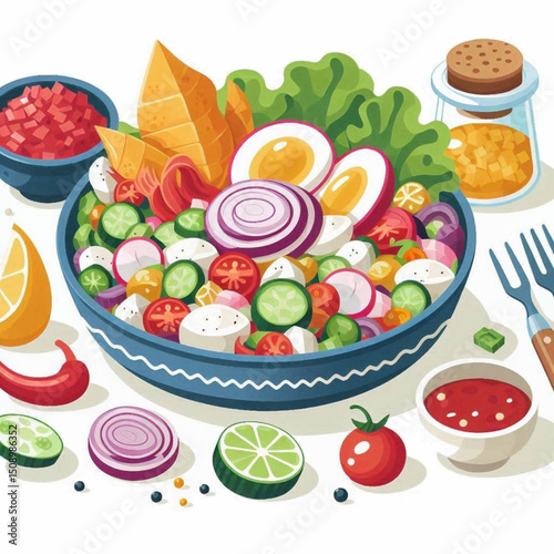 Colorful salad with sliced vegetables eggs and cheese in a blue bowl with condiments and cutlery