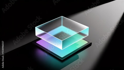 Abstract glass cube on illuminated platform