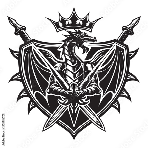 Heraldic dragon crest with swords and crown vector art
