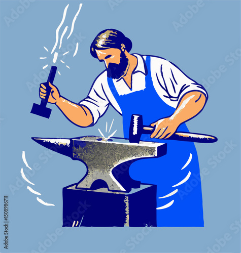 Blacksmith working at anvil, hammering metal, craft