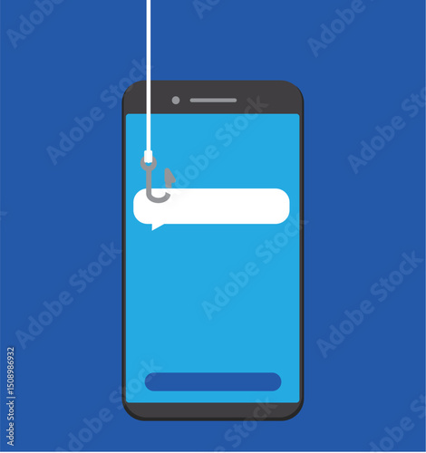 online scam, message bubble caught on a cyber hook