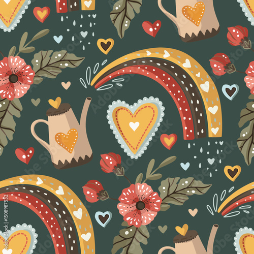 Decorative seamless design showcasing birds among an array of colorful flowers