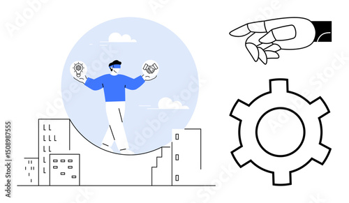 Person balancing lightbulb and handshake icons atop cityscape, robotic hand, gear. Ideal for technology, innovation, AI, automation, teamwork, progress simple landing page