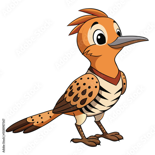 Cartoon hoopoe with orange plumage and distinctive black stripes stands sideways on a white background