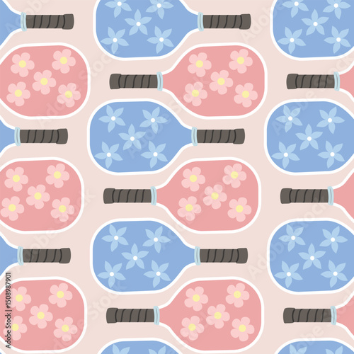 Pickleball paddle seamless pattern in pastel colors. Summer game repeat background. Female pickleball print with flowers, wallpaper, textile, fabric, wrapping paper. Hand drawn vector illustration
