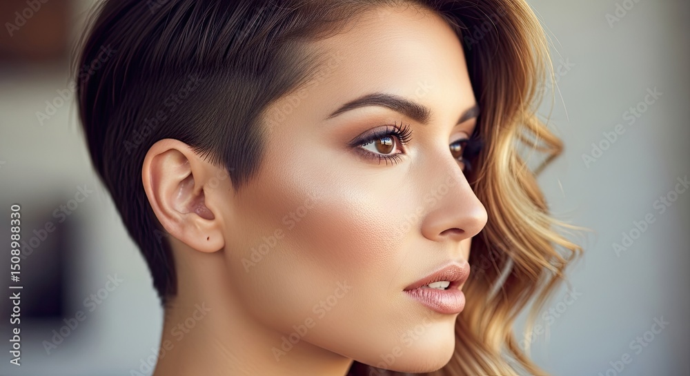 Fototapeta premium Close-up portrait of a woman with side-shaved hair showcasing elegant makeup and subtle highlights with warm neutral tones. The blurred background provides a soft focus.