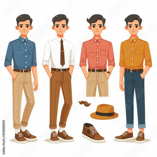 Four cartoon men in dressy casual outfits displayed on a white background with additional accessories