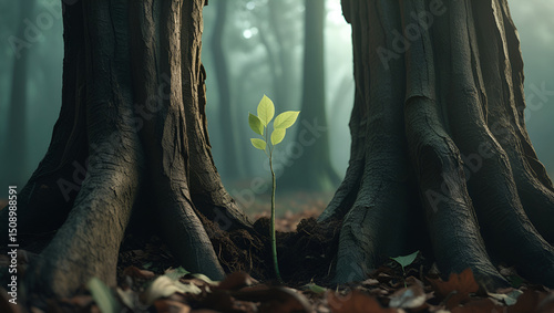 Two large trees with prominent roots frame a moderately tall sapling in the center, standing on a carpet of bright green moss. The forest in the background is very vibrant and bright photo