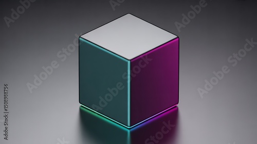 Metallic cube with teal and purple gradient glow