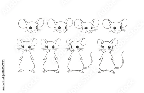 Adorable Mouse Character Design  Multiple Poses and Expressions, Line Art Illustrations