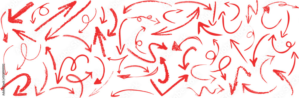 Red sketch arrow set on white featuring hand drawn, curved, and scribble style arrows for direction, highlight, navigation, or infographic elements in creative or instructional design projects