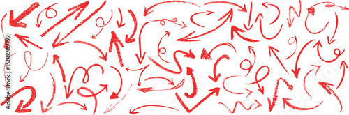 Red sketch arrow set on white featuring hand drawn, curved, and scribble style arrows for direction, highlight, navigation, or infographic elements in creative or instructional design projects