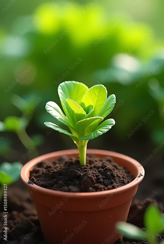 Naklejka premium Young green plant growing in small terracotta pot