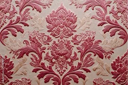 Close up of ornate red and beige damask wallpaper with repeating floral and leaf pattern design