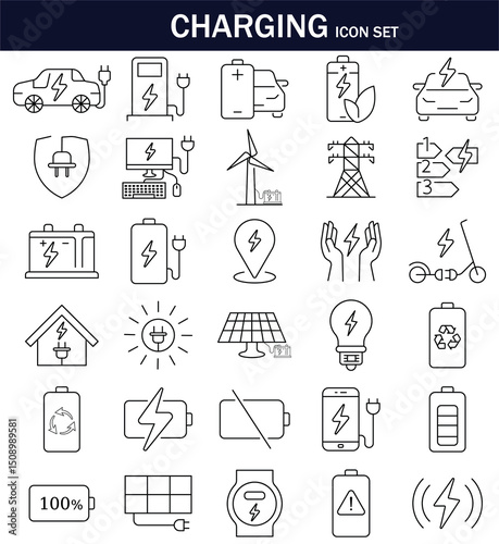 Charging icon set. Containing charger, battery, electric car icons. Editable stroke. Vector illustration. EPS 10.