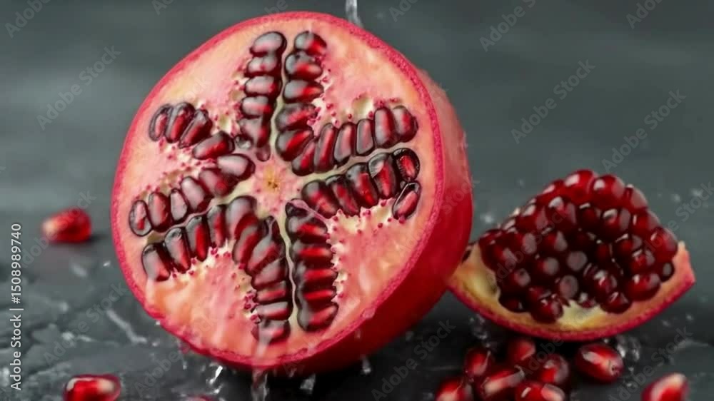 Fresh pomegranate seeds spilling from cut fruit
