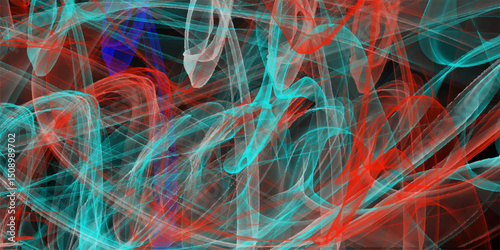 Abstract artwork displaying vibrant interwoven forms and shapes in gradients of red teal and blue against a dark background creating a modern digital design