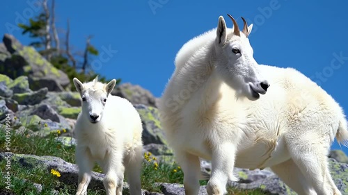 Mountain Goat Mother and Kid on Rocky Mountainside